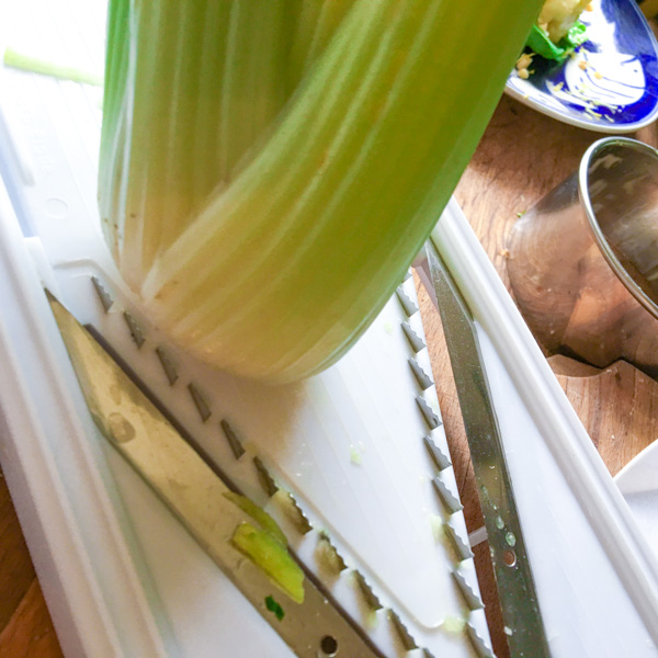 julienne celery for a contemporary Waldorf Salad